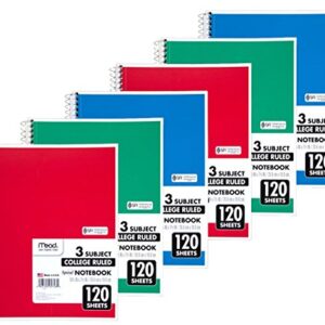 Mead Spiral Notebook, College Ruled, 3 Subject, 120 Sheets, 10.5" x 8", Assorted Colors, 6 Pack