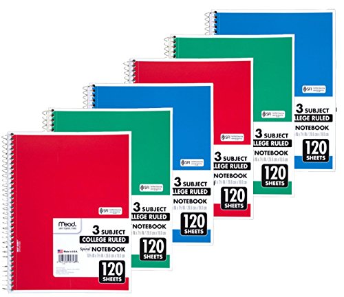 Mead Spiral Notebook, College Ruled, 3 Subject, 120 Sheets, 10.5" x 8", Assorted Colors, 6 Pack