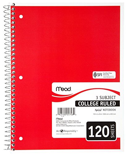 Mead Spiral Notebook, College Ruled, 3 Subject, 120 Sheets, 10.5" x 8", Assorted Colors, 6 Pack