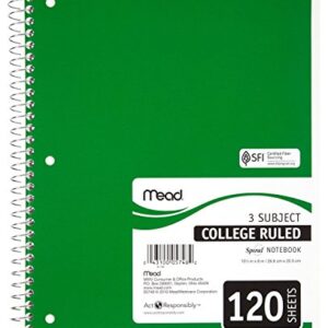 Mead Spiral Notebook, College Ruled, 3 Subject, 120 Sheets, 10.5" x 8", Assorted Colors, 6 Pack