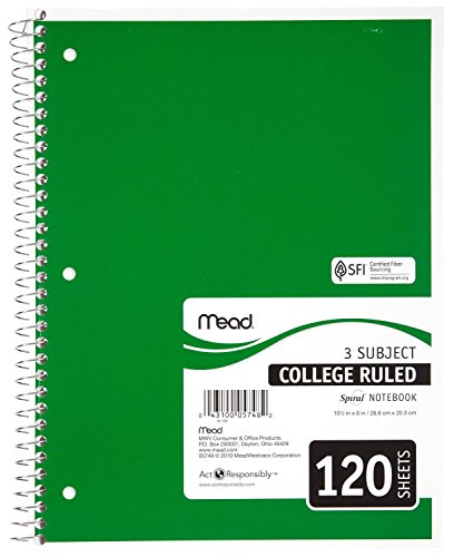 Mead Spiral Notebook, College Ruled, 3 Subject, 120 Sheets, 10.5" x 8", Assorted Colors, 6 Pack