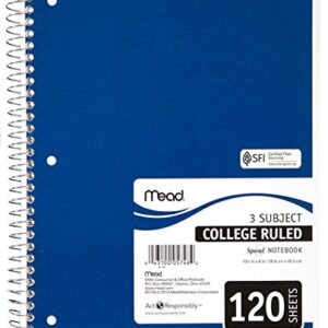 Mead Spiral Notebook, College Ruled, 3 Subject, 120 Sheets, 10.5" x 8", Assorted Colors, 6 Pack