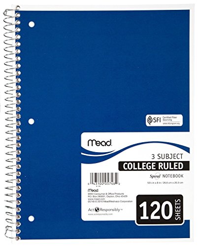 Mead Spiral Notebook, College Ruled, 3 Subject, 120 Sheets, 10.5" x 8", Assorted Colors, 6 Pack