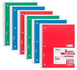 mead 75698 spiral notebook, wide ruled, 3 subject, 120 sheets, 10.5" x 8", assorted colors, 6 pack