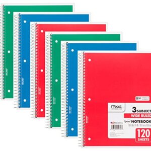 Mead 75698 Spiral Notebook, Wide Ruled, 3 Subject, 120 Sheets, 10.5" x 8", Assorted Colors, 6 Pack