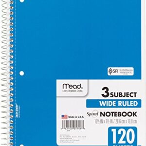 Mead 75698 Spiral Notebook, Wide Ruled, 3 Subject, 120 Sheets, 10.5" x 8", Assorted Colors, 6 Pack