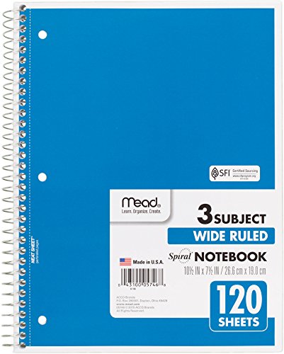 Mead 75698 Spiral Notebook, Wide Ruled, 3 Subject, 120 Sheets, 10.5" x 8", Assorted Colors, 6 Pack