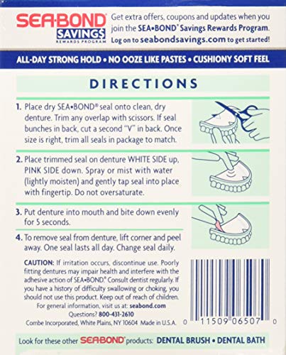 SEA-BOND Denture Adhesive Seals Uppers Fresh Mint, 30 Each (Pack of 3)