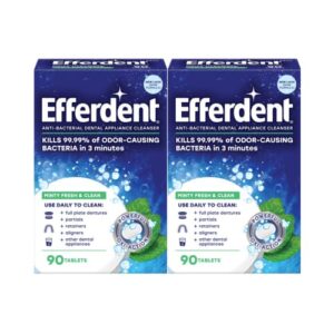 efferdent retainer cleaning tablets, denture cleaning tablets for dental appliances, minty fresh & clean, 90 count, new packaging - packaging may vary (pack of 2)