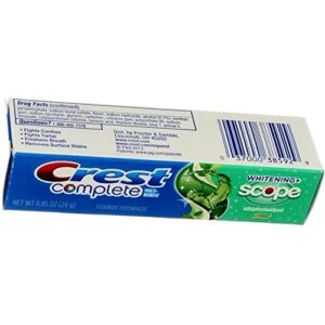 Crest Complete Multi-Benefit Fluoride Toothpaste, Whitening + Scope, Minty Fresh 0.85 oz (Pack of 2)