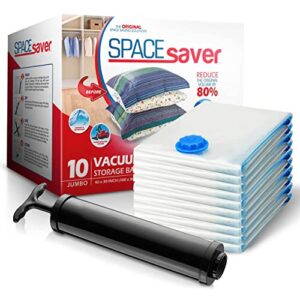 spacesaver vacuum storage bags (jumbo 10pk) save 80% on clothes storage space - space saver vacuum storage bags for comforters, blankets, bedding, compression seal for closet storage - pump for travel