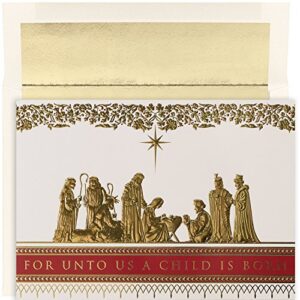 masterpiece studios holiday collection premium 15-count boxed embossed religious christmas cards with foil-lined envelopes, 7.8" x 5.6", manger scene (879600)