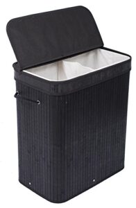 birdrock home double laundry hamper with lid and cloth liner - bamboo - black - easily transport laundry basket - 2 section collapsible hamper - string handles
