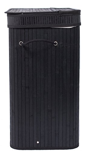 BIRDROCK HOME Double Laundry Hamper with Lid and Cloth Liner - Bamboo - Black - Easily Transport Laundry Basket - 2 Section Collapsible Hamper - String Handles