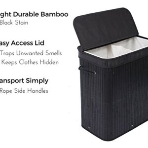 BIRDROCK HOME Double Laundry Hamper with Lid and Cloth Liner - Bamboo - Black - Easily Transport Laundry Basket - 2 Section Collapsible Hamper - String Handles