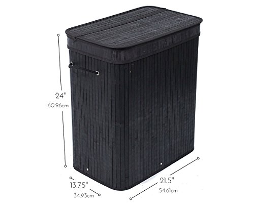 BIRDROCK HOME Double Laundry Hamper with Lid and Cloth Liner - Bamboo - Black - Easily Transport Laundry Basket - 2 Section Collapsible Hamper - String Handles