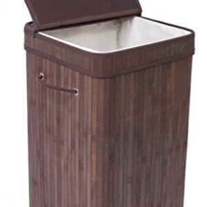 BirdRock Home Square Laundry Hamper with Lid and Cloth Liner - Bamboo - Espresso - Easily Transport Laundry Basket - Collapsible Hamper - String Handles