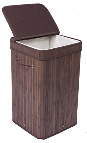 BirdRock Home Square Laundry Hamper with Lid and Cloth Liner - Bamboo - Espresso - Easily Transport Laundry Basket - Collapsible Hamper - String Handles