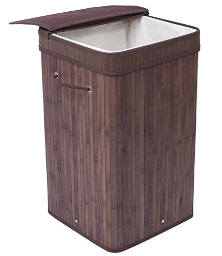 BirdRock Home Square Laundry Hamper with Lid and Cloth Liner - Bamboo - Espresso - Easily Transport Laundry Basket - Collapsible Hamper - String Handles