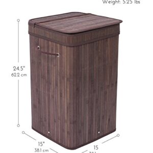 BirdRock Home Square Laundry Hamper with Lid and Cloth Liner - Bamboo - Espresso - Easily Transport Laundry Basket - Collapsible Hamper - String Handles