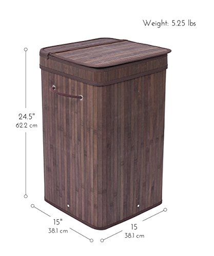 BirdRock Home Square Laundry Hamper with Lid and Cloth Liner - Bamboo - Espresso - Easily Transport Laundry Basket - Collapsible Hamper - String Handles