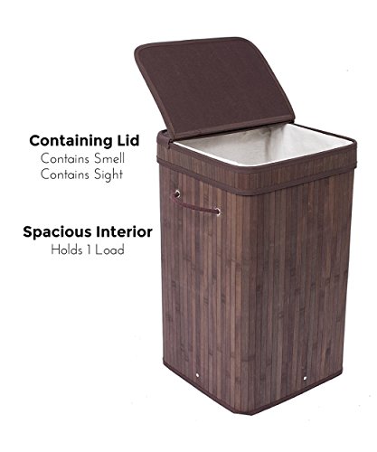 BirdRock Home Square Laundry Hamper with Lid and Cloth Liner - Bamboo - Espresso - Easily Transport Laundry Basket - Collapsible Hamper - String Handles