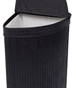 BirdRock Home Corner Laundry Hamper with Lid and Cloth Liner - Bamboo - Black - Easily Transport Laundry Basket - Collapsible Hamper - String Handles