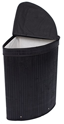 BirdRock Home Corner Laundry Hamper with Lid and Cloth Liner - Bamboo - Black - Easily Transport Laundry Basket - Collapsible Hamper - String Handles