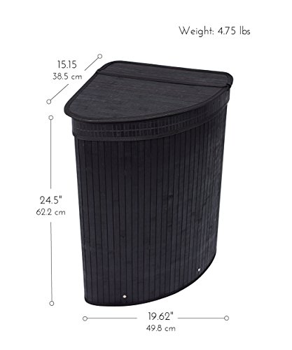 BirdRock Home Corner Laundry Hamper with Lid and Cloth Liner - Bamboo - Black - Easily Transport Laundry Basket - Collapsible Hamper - String Handles