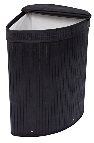 BirdRock Home Corner Laundry Hamper with Lid and Cloth Liner - Bamboo - Black - Easily Transport Laundry Basket - Collapsible Hamper - String Handles