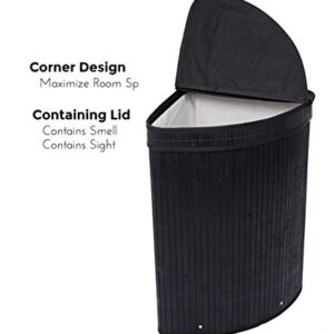 BirdRock Home Corner Laundry Hamper with Lid and Cloth Liner - Bamboo - Black - Easily Transport Laundry Basket - Collapsible Hamper - String Handles