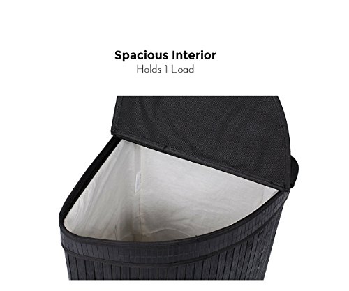 BirdRock Home Corner Laundry Hamper with Lid and Cloth Liner - Bamboo - Black - Easily Transport Laundry Basket - Collapsible Hamper - String Handles