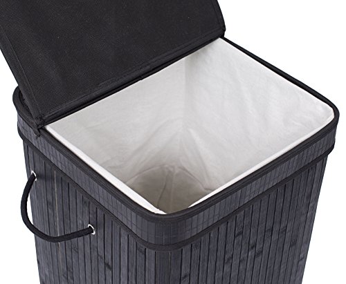 BIRDROCK HOME Square Laundry Hamper with Lid and Cloth Liner - Bamboo - Black - Easily Transport Laundry Basket - Collapsible Hamper - String Handles