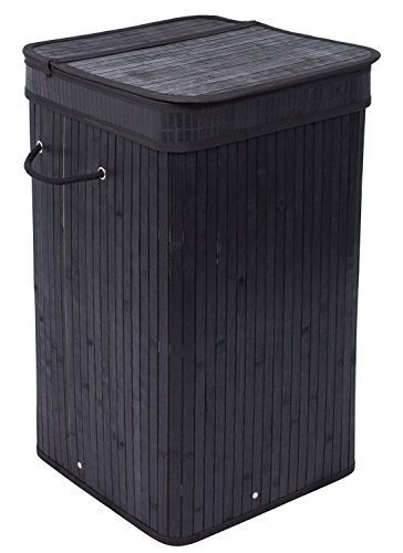 BIRDROCK HOME Square Laundry Hamper with Lid and Cloth Liner - Bamboo - Black - Easily Transport Laundry Basket - Collapsible Hamper - String Handles