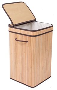 birdrock home square laundry hamper with lid and cloth liner - bamboo - natural - easily transport laundry - collapsible hamper - string handles