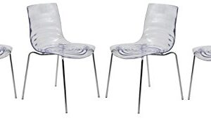 LeisureMod Astor Water Ripple Design Modern Lucite Dining Side Chair with Metal Legs, Set of 4, Clear