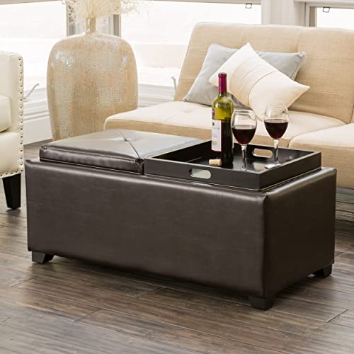 Christopher Knight Home Maxwell Bonded Leather Double Tray Ottoman, Brown