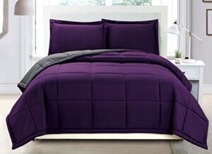 grand linen 3 piece luxury dark purple/grey reversible soft down alternative comforter set, king/cal king with corner tab duvet insert