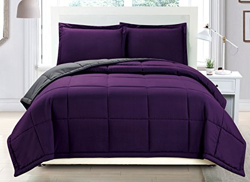 Grand Linen 3 Piece Luxury Dark Purple/Grey Reversible Soft Down Alternative Comforter Set, King/Cal King with Corner Tab Duvet Insert