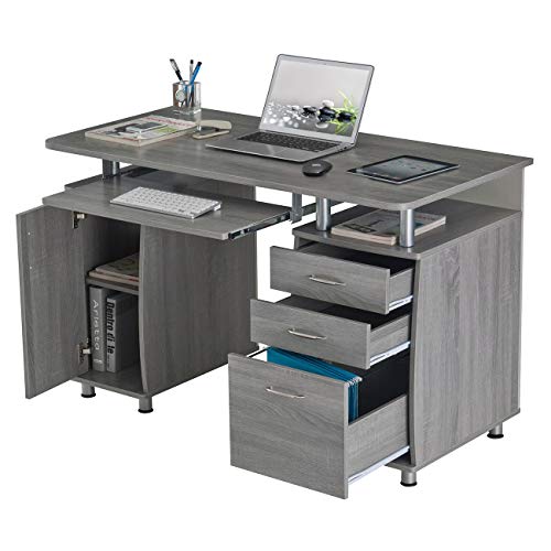 Techni Mobili Complete Workstation Table with Multiple Storage, Computer Desk with MDF Panels and PVC Laminate Veneer Surface, Grey