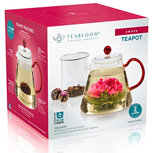 Teabloom Amore Glass Teapot – Stovetop Safe Glass Teapot with Removable Glass Infuser (34 OZ) – Two Blooming Tea Flowers Included