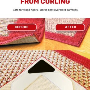 NeverCurl 4pk Rug Corner Grippers - Instantly Flattens Rug Corners Stops Slipping, Stiff Layer Prevent Curling, Renewable Carpet Gripper Sticky Gel, Easy Lift Design to Clean Under Rugs, Carpet Tape