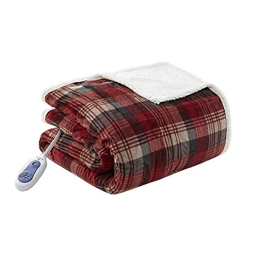 Woolrich Plaid Electric Blanket Throw Plush reverse Sherpa oversize with 3 Heat Level Setting Controller, 60x70, Tasha Red