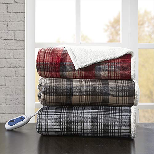 Woolrich Plaid Electric Blanket Throw Plush reverse Sherpa oversize with 3 Heat Level Setting Controller, 60x70, Tasha Red