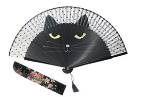 goege bailey women cartoon cat folding silk fan jepanese handheld fan (black)
