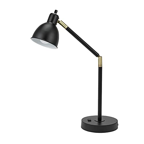 Catalina 20092-001 Modern Adjustable Metal Desk Lamp with Brass Accents & Power Outlet, 20.75", Classic Black