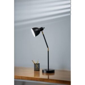 Catalina 20092-001 Modern Adjustable Metal Desk Lamp with Brass Accents & Power Outlet, 20.75", Classic Black