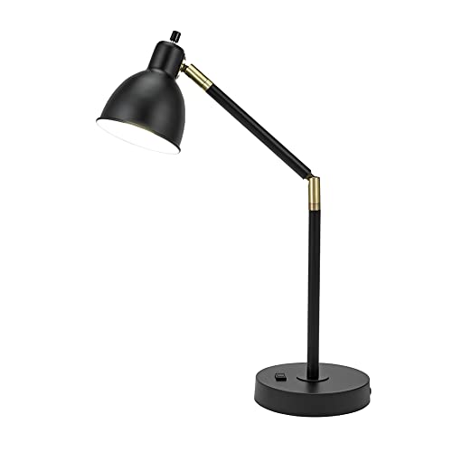 Catalina 20092-001 Modern Adjustable Metal Desk Lamp with Brass Accents & Power Outlet, 20.75", Classic Black