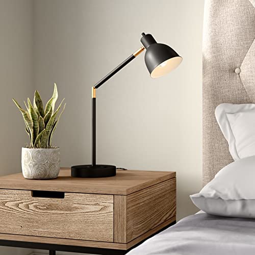 Catalina 20092-001 Modern Adjustable Metal Desk Lamp with Brass Accents & Power Outlet, 20.75", Classic Black