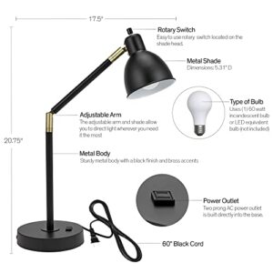 Catalina 20092-001 Modern Adjustable Metal Desk Lamp with Brass Accents & Power Outlet, 20.75", Classic Black